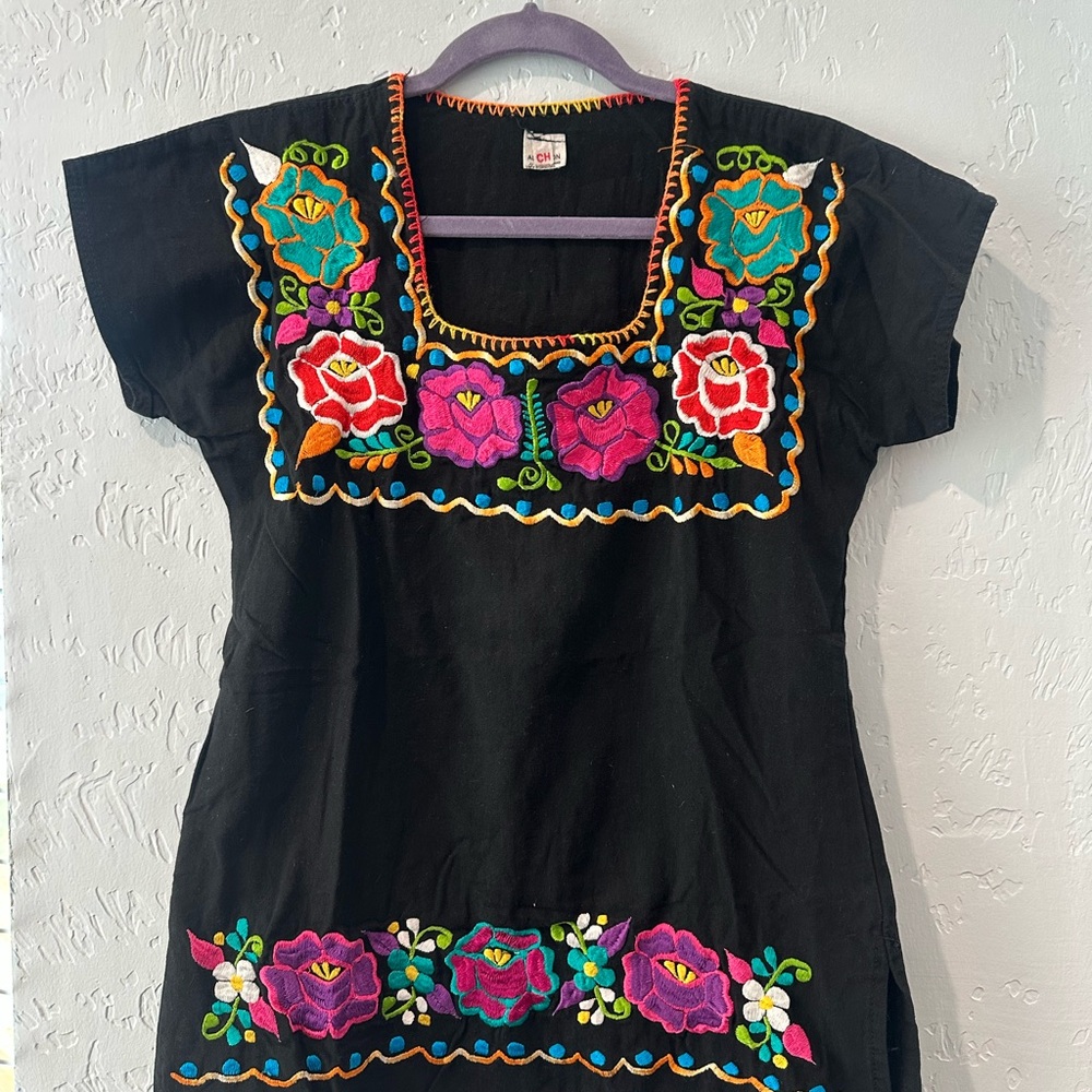 Pink Embroidered Black Blouse with Square Neckline